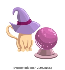 Un gato con un sombrero de bruja se sienta al lado de una bola mágica de cristal.