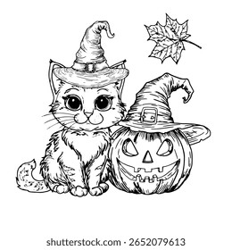 A cat in a witch's hat sits next to a pumpkin with a carved face, a sketch in black and white ink. Vector illustration. Autumn decor for a mystical holiday, isolated on a white background. Halloween