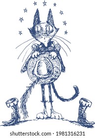 cat without boots holds a hat and stands under the stars