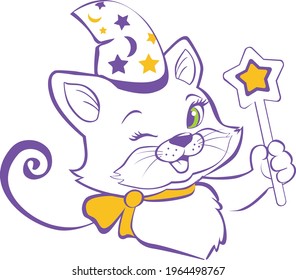 The cat is a wizard in a cap with a magic wand in his paw. Vector illustration.