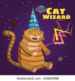 Cat wizard, character, background stars of the planet, meme, magic wand, cartoon style, vector, illustration