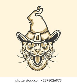 The cat wizard at a halloween event vintage vector illustration for tees, wall, sticker design