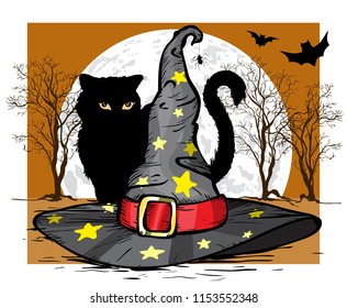 Cat and wizard hat. Halloween concept. Vector illustration.