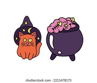 The cat is a wizard on Halloween. Funny witch kitten in a hat and a cauldron.
