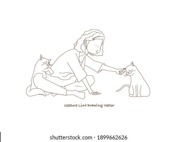 Cat and Woman characters.Gesture line drawing vector.