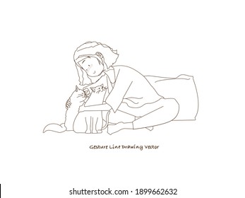 Cat and Woman characters.Gesture line drawing vector.