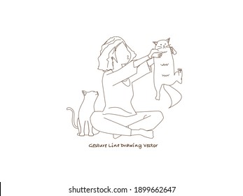 Cat and Woman characters.Gesture line drawing vector.