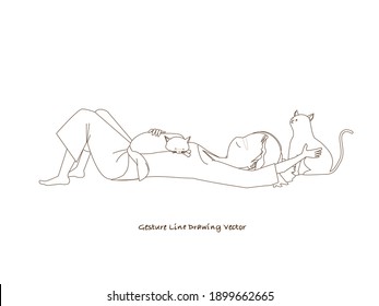 Cat and Woman characters.Gesture line drawing vector.