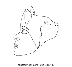 Cat and woman face line art drawing illustration, Black and white design.