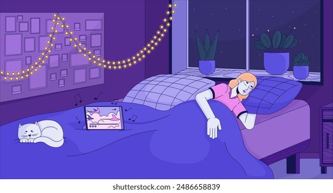 Cat with woman falling asleep at music lofi wallpaper. Bedroom calming atmosphere 2D cartoon flat illustration. Love being at home alone chill vector art, lo fi aesthetic colorful background