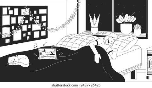 Cat with woman falling asleep at music black and white lofi wallpaper. Bedroom calming atmosphere 2D outline cartoon flat illustration. Love being at home alone vector line lo fi aesthetic background