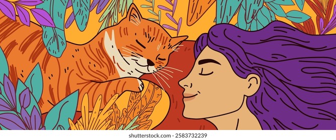 Cat and woman nature harmony colorful illustration. A relaxed orange cat and serene woman with purple hair surrounded by vibrant foliage. Perfect for website design