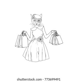 cat woman shopping, anthropomorphic animal illustration