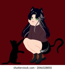 Cat woman. Vector illustration of halloween with cat woman. Anime style.