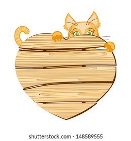 Cat with a wooden signboard in the shape of heart