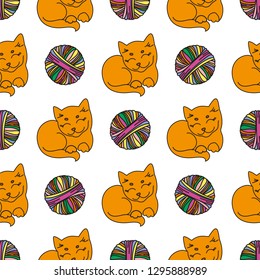 CAT AND WOOL Cartoon Animal Seamless Pattern Vector Illustration for Print, Fabric and Decoration.