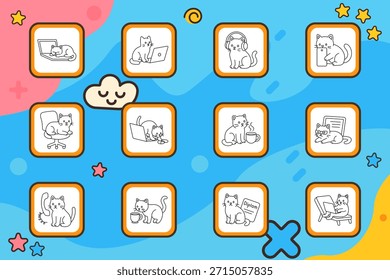 Ícone do conjunto de trabalho Cat. Gato com laptop, headset, café, smartphone, diploma, cadeira, notebook, mouse, estudo ou conceito freelance com animal, escritório, diversão, relaxar