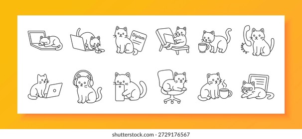 Cat work set icon. Laptop, diploma, coffee, smartphone, chair, book, phone, rest, study, office, pet, desk, technology, internet, creativity, relaxation, home, freelance, education, productivity.