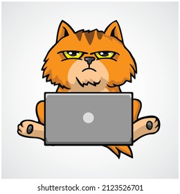 Cat Working on Laptop Cartoon Character Design Vector Icon Illustration