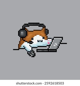 Cat working or playing on the computer, pixel art meme