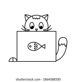 Cat works at the computer, laptop, notebook. Black and white icon.