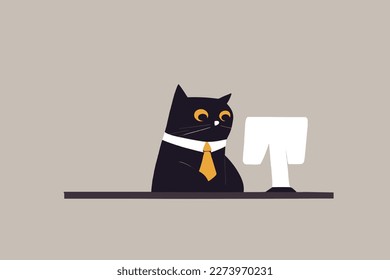 The cat works at the laptop at home. Flat illustration.