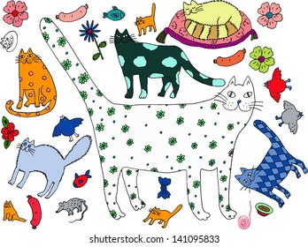 Cat world 2. Hand drawn illustration.