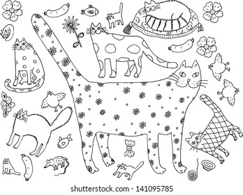 Cat world black and white. Hand drawn illustration.