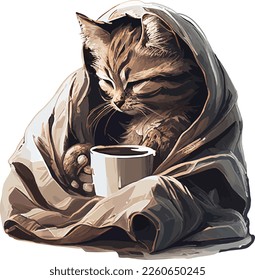 A cat wrapped in a blanket drinks from a cup