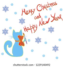 Cat writes Merry Christmas and Happy New Year. Vector