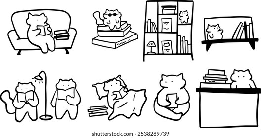 Cat x Book Set Illustration | Cute Minimalist Doodle Vector for Book and Pet-Themed Designs