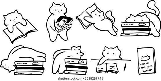 Cat x Book Set Illustration | Cute Minimalist Doodle Vector for Book and Pet-Themed Designs