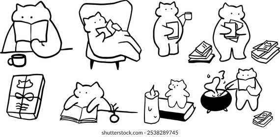 Ilustración de conjunto de libros de gato | Lindo Vector Doodle minimalista para libro y Diseños temáticos de mascotas