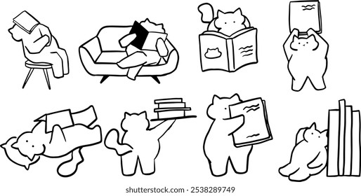 Cat x Book Set Illustration | Cute Minimalist Doodle Vector for Book and Pet-Themed Designs