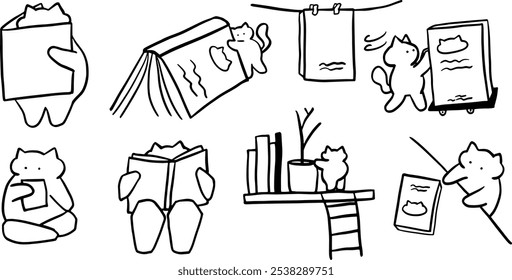 Ilustración de conjunto de libros de gato | Lindo Vector Doodle minimalista para libro y Diseños temáticos de mascotas