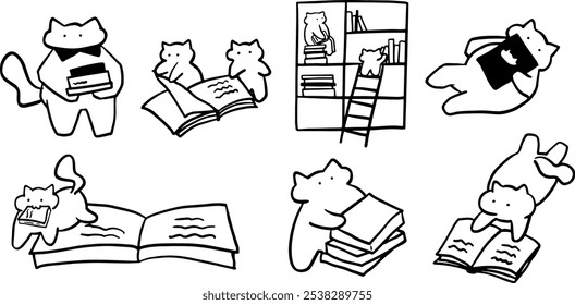 Cat x Book Set Illustration | Cute Minimalist Doodle Vector for Book and Pet-Themed Designs