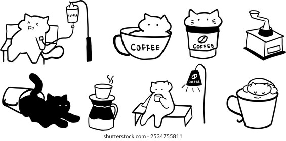 Cat x Coffee Set Illustration | Cute Minimalist Doodle Vector for Coffee and Pet-Themed Designs