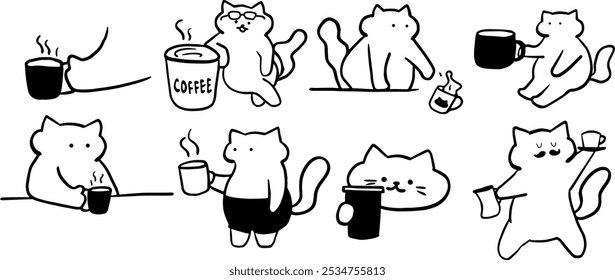 Cat x Coffee Set Illustration | Cute Minimalist Doodle Vector for Coffee and Pet-Themed Designs