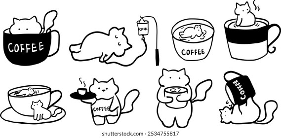 Cat x Coffee Set Illustration | Cute Minimalist Doodle Vector for Coffee and Pet-Themed Designs