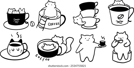 Cat x Coffee Set Illustration | Cute Minimalist Doodle Vector for Coffee and Pet-Themed Designs