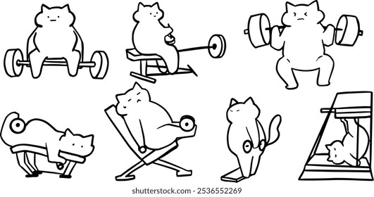 Gato x Ginásio, Fitness, Conjunto de Exercício Ilustração | Vetor de doodle minimalista bonito para projetos com tema de exercício