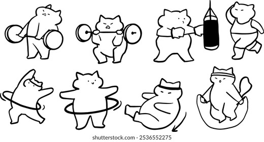 Gato x Gimnasio, Fitness, Ilustración de conjunto de entrenamiento | Lindo Vector Doodle minimalista para Diseños con temática de ejercicio