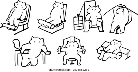 Gato x Gimnasio, Fitness, Ilustración de conjunto de entrenamiento | Lindo Vector Doodle minimalista para Diseños con temática de ejercicio