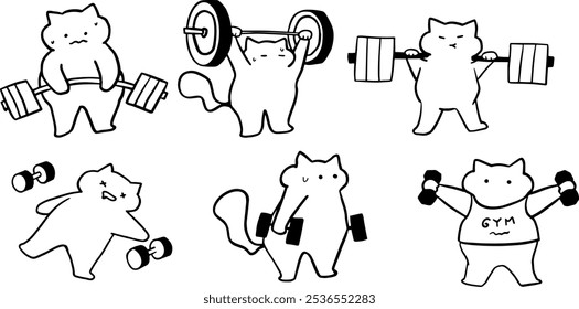 Gato x Ginásio, Fitness, Conjunto de Exercício Ilustração | Vetor de doodle minimalista bonito para projetos com tema de exercício