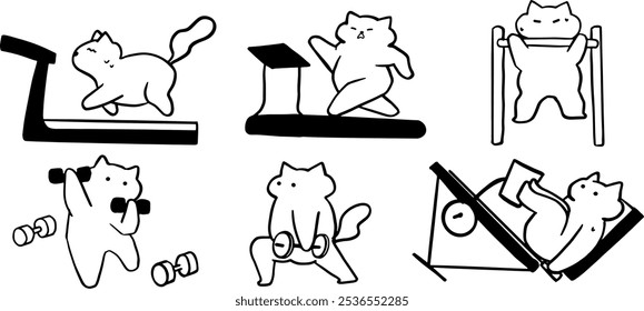 Gato x Ginásio, Fitness, Conjunto de Exercício Ilustração | Vetor de doodle minimalista bonito para projetos com tema de exercício