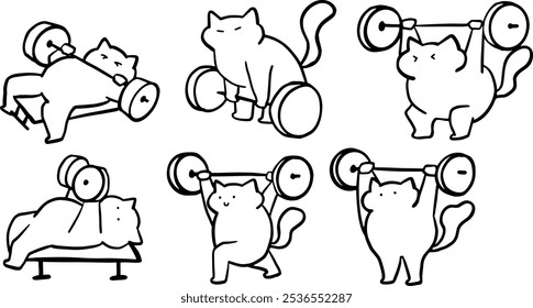 Gato x Gimnasio, Fitness, Ilustración de conjunto de entrenamiento | Lindo Vector Doodle minimalista para Diseños con temática de ejercicio