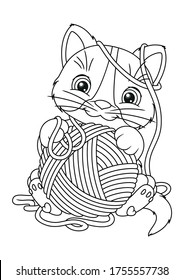 Cat with yarn ball coloring page. Outline cartoon vector illustration