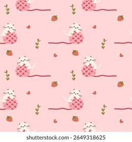 Cat and yarn cartoon so cute. On strawberry heart pink background. Pattern seamless vector illustration. 