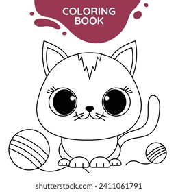 cat with yarn cute outline drawing suitable for coloring books for children black and white educational preschool activity sheet vector isolated