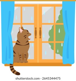 Um gato bocejando pela janela em um dia chuvoso